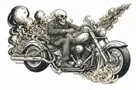 skeleton ghost rider wear chef hat smoking cigar riding cruiser motorcycle on fire  tattoo design idea
