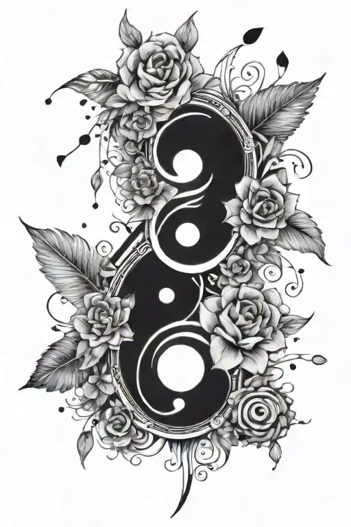 floral , music notes , yin and Yang symbol, paint brushes  tattoo design idea