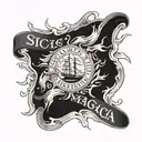 sic parvis magna writing in waves crashing in the background tattoo design idea