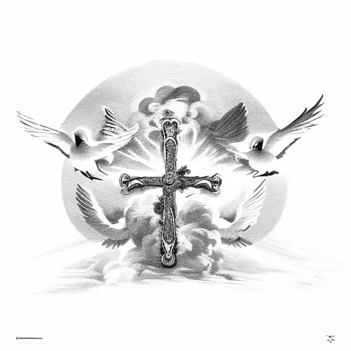 doves with clouds and fire with the cross implemented and the collesum from italy  tattoo design idea