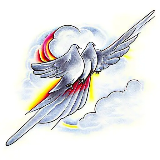 doves with clouds and fire with the cross implemented and the collesum from italy  tattoo design idea