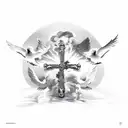 doves with clouds and fire with the cross implemented and the collesum from italy  tattoo design idea