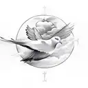 doves with clouds and fire with the cross implemented and the collesum from italy  tattoo design idea