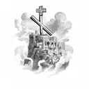 italian styled writing " visconti " along the traps of a man with clouds around and the cross implemented in  tattoo design idea