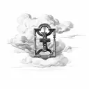 italian styled writing " visconti " along the traps of a man with clouds around and the cross implemented in  tattoo design idea