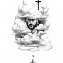 italian styled writing " visconti " along the traps of a man with clouds around and the cross implemented in  tattoo design idea
