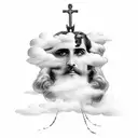 italian styled writing " visconti " along the traps of a man with clouds around and the cross implemented in  tattoo design idea