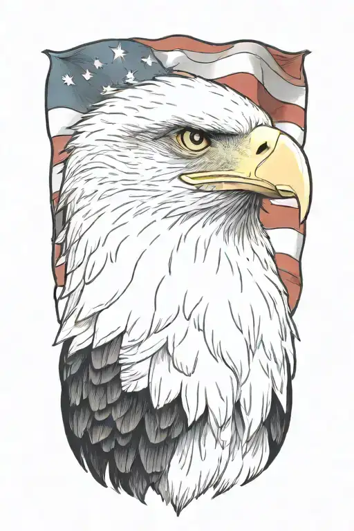 A realistic portrait of a majestic eagle with the American flag draped around its wings in a realism style tattoo design idea