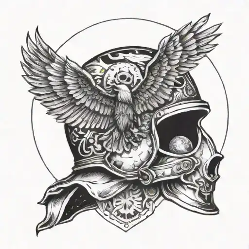 An intricate design of a soldier's helmet adorned with an eagle and cross symbol, surrounded by scenic landscapes from different countries tattoo design idea