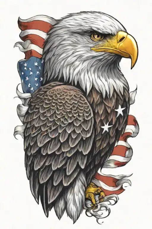 A realistic portrait of a majestic eagle with the American flag draped around its wings in a realism style tattoo design idea
