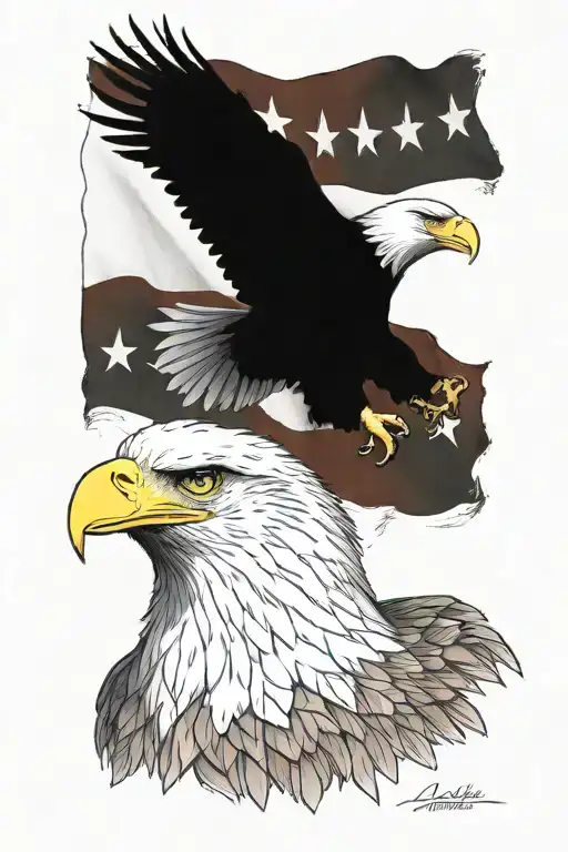 A realistic portrait of a majestic eagle with the American flag draped around its wings in a realism style tattoo design idea