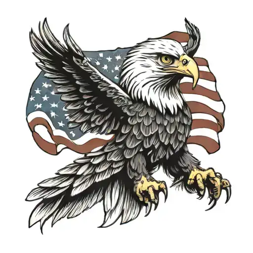 A realistic portrait of an eagle with the American flag draped around its shoulders, symbolizing strength and freedom tattoo design idea