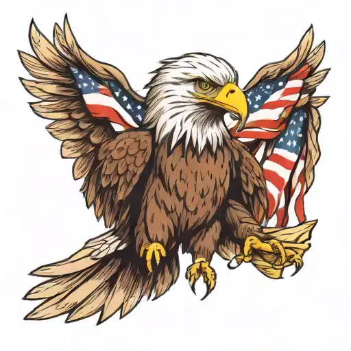 A realistic portrait of an eagle with the American flag draped around its shoulders, symbolizing strength and freedom tattoo design idea
