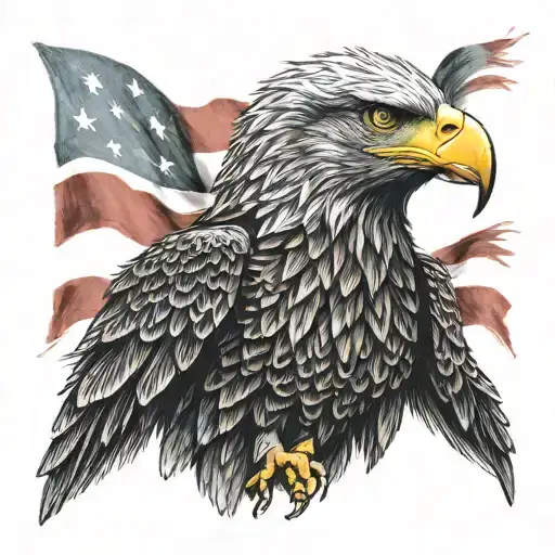 A realistic portrait of a majestic eagle with the American flag draped around its wings in a realism style tattoo design idea