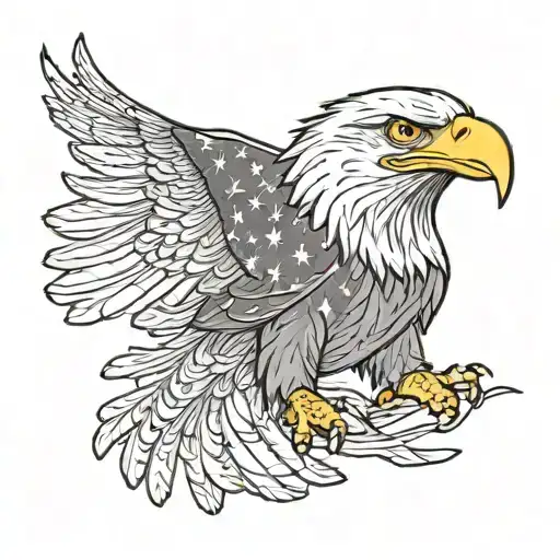 A realistic portrait of an eagle with the American flag draped around its shoulders, symbolizing strength and freedom tattoo design idea