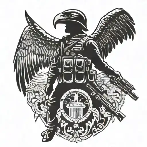 A silhouette of a soldier standing in front of a large eagle, blending the client's army background with their admiration for the eagle god tattoo design idea