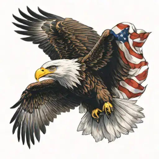 A realistic portrait of a majestic eagle with the American flag draped around its wings in a realism style tattoo design idea
