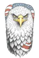 A realistic portrait of a majestic eagle with the American flag draped around its wings in a realism style tattoo design idea