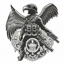A silhouette of a soldier standing in front of a large eagle, blending the client's army background with their admiration for the eagle god tattoo design idea