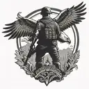 A silhouette of a soldier standing in front of a large eagle, blending the client's army background with their admiration for the eagle god tattoo design idea