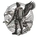 A silhouette of a soldier standing in front of a large eagle, blending the client's army background with their admiration for the eagle god tattoo design idea