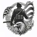 A silhouette of a soldier standing in front of a large eagle, blending the client's army background with their admiration for the eagle god tattoo design idea