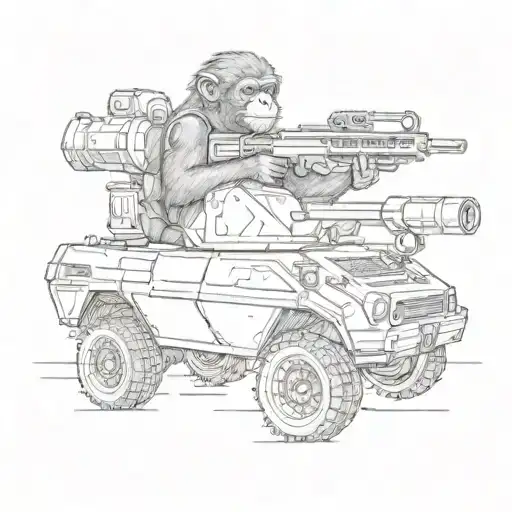 A monkey in a tank with an M4 gun, ready for action tattoo design idea