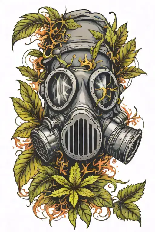 apocalyptic weed leaf with a gas mask as its face with the smoke being a cancer ribbon tattoo design idea