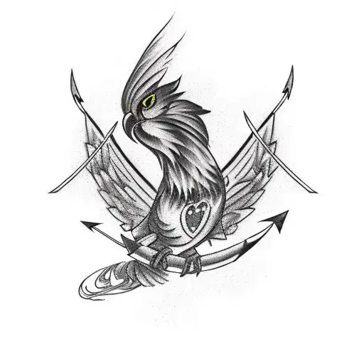 black and red phoenix bird, arrow and anchor tattoo design idea