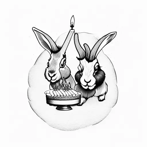 bunny and goat blowing out candles on birthday cake. goat is drinking a glass on wine and bunny is drinking beer tattoo design idea