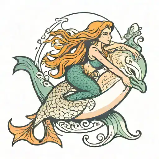 A mermaid riding a dolphin in a semi colon shape tattoo design idea