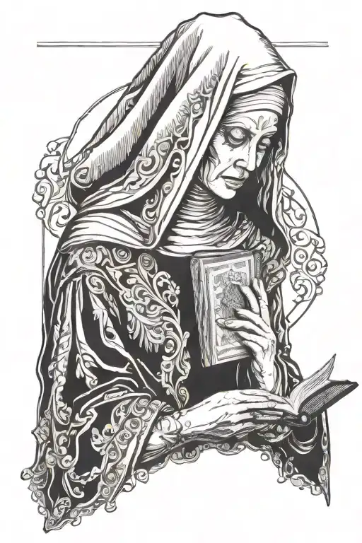 nun reading a bible infront of her face tattoo design idea