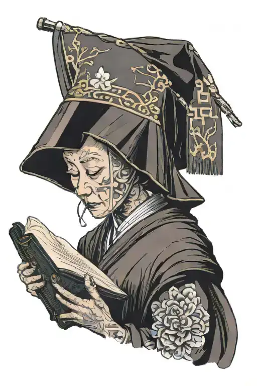 nun reading a bible infront of her face tattoo design idea