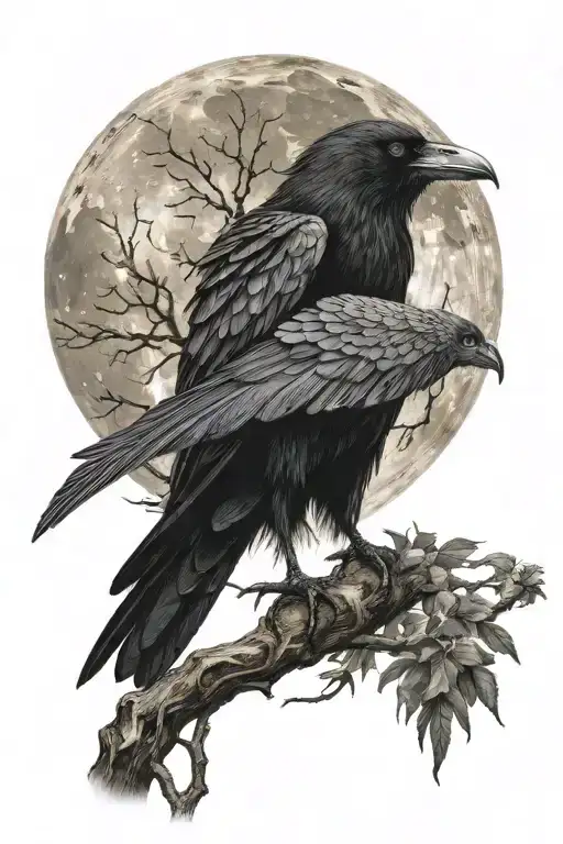 the world tree against the backdrop of the full moon, on top of which sits a raven with a raised wing and feathers falling from the wing turning into tattoo design idea