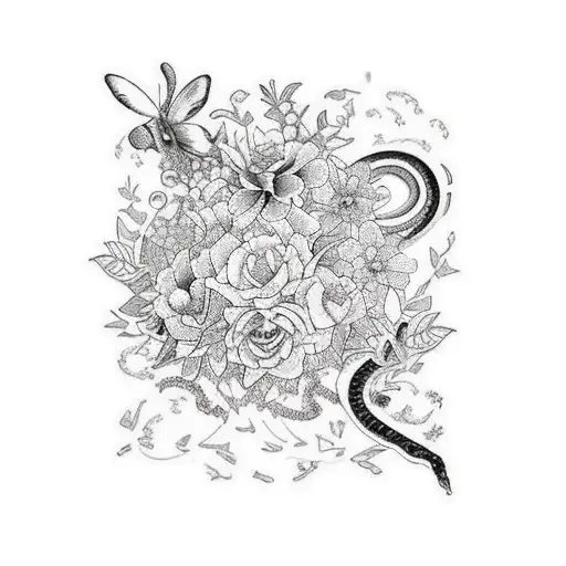 a full arm sleeve garden themed with a lot of butterflies and fairies the ending of the arm closer add snakes  tattoo design idea