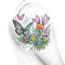 a full arm sleeve garden themed with a lot of butterflies and fairies the ending of the arm closer add snakes  tattoo design idea