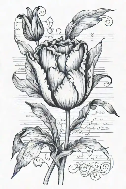 Poem of old paper with a tulip flower and roman numeral date tattoo design idea