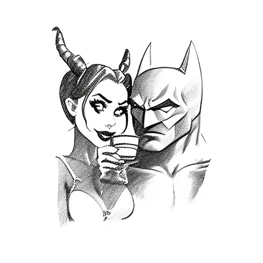 A silhouette of Batman and Harley Quinn sharing a cup of coffee tattoo design idea