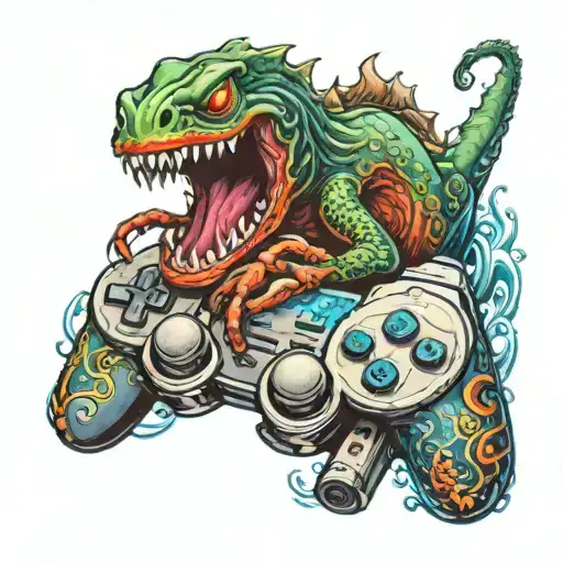 A realistic sea monster emerging from a video game controller, symbolizing the client's love for gaming and the sea tattoo design idea