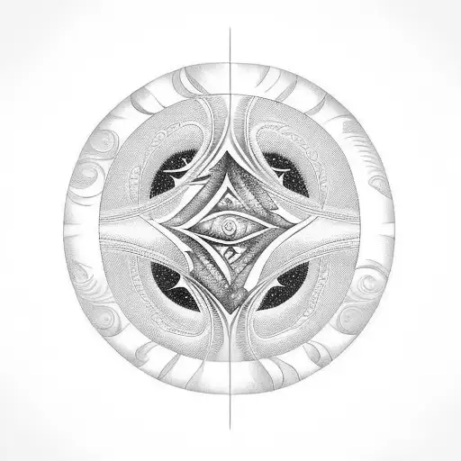 A black work Polynesian inspired tattoo with symbols of ocean waves incorporated into the design, meant to go on womb tattoo design idea