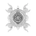 A black work Polynesian inspired tattoo with symbols of ocean waves and turtles incorporated into the design tattoo design idea