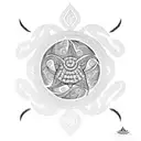 A black work Polynesian inspired tattoo with symbols of ocean waves and turtles incorporated into the design tattoo design idea