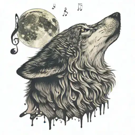 A realistic portrait of a wolf howling at the moon with musical notes floating around it tattoo design idea