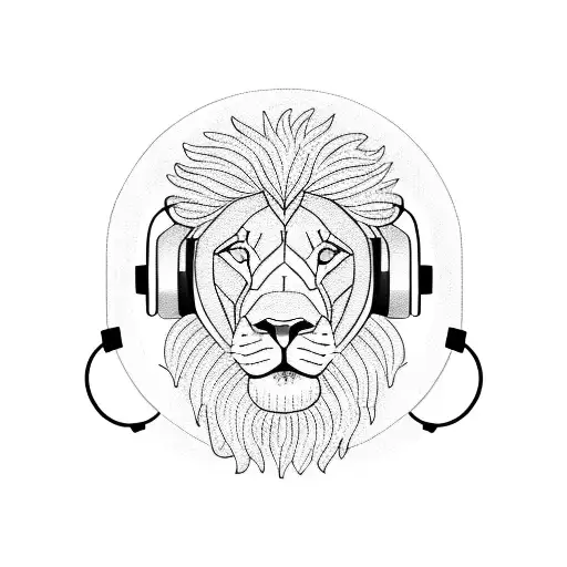 A blackwork tattoo of a lion wearing headphones, symbolizing the client's love for music and lions tattoo design idea