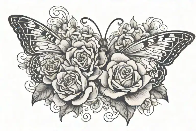 Butterfly with rose, hyacinth flower, cross, and crown tattoo design idea
