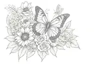 Butterfly with cross, sunflower, hyacinth flower, roses, and a crown tattoo design idea