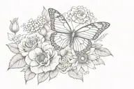 Butterfly with cross, sunflower, hyacinth flower, roses, and a crown tattoo design idea