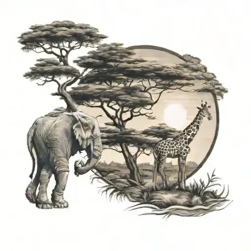 Kenyan sunset upper arm sleeve tattoo design with a tree in the background and a lion, giraffe and elephant in a silhoue tattoo design idea