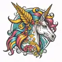 unicorn with rainbow hair tattoo design idea