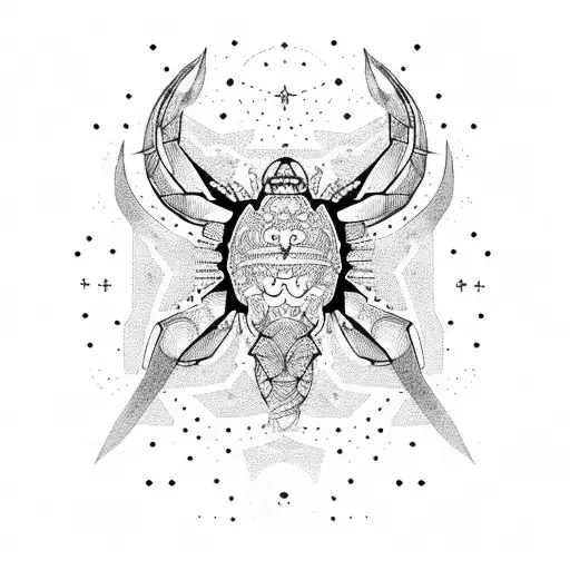 A dotwork design of the Scorpio and Pisces constellations, with intricate linework connecting the stars. tattoo design idea